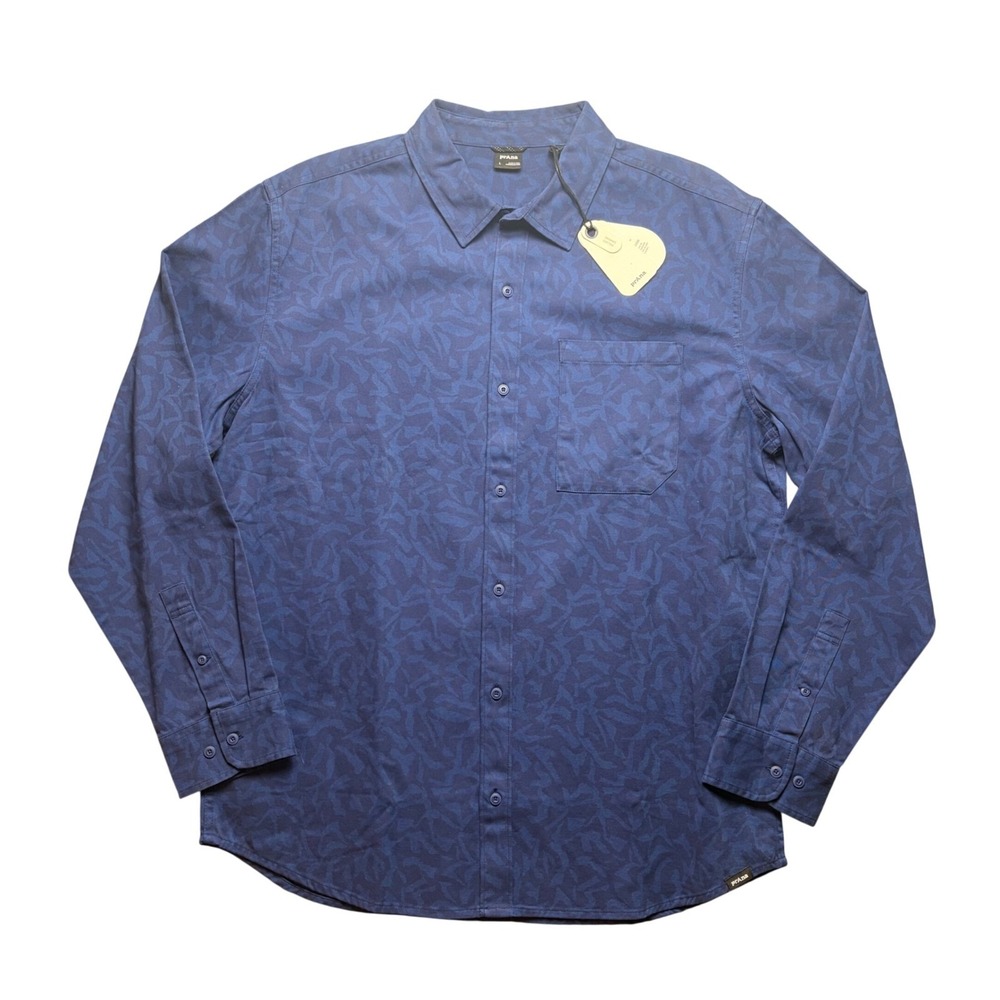 PrAna Arbored LS Shirt Mens L Blue Organic Cotton Freestyle Print Button Down